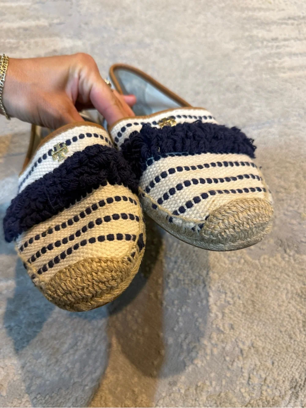 Tory Burch Shaw Fringe Espadrilles Navy Cream Stripe Slip On 10.5